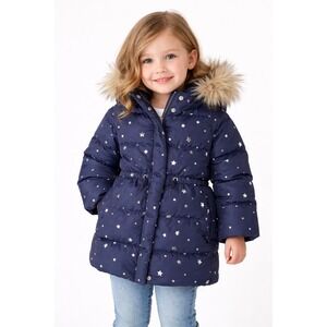 Baby Gap Navy Star Puffer Coat Size 4 Toddler Faux Fur Hood